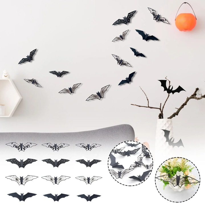 Halloween fekete 3D denevér matrica szett, belső dekoráció, 12 db, 13g