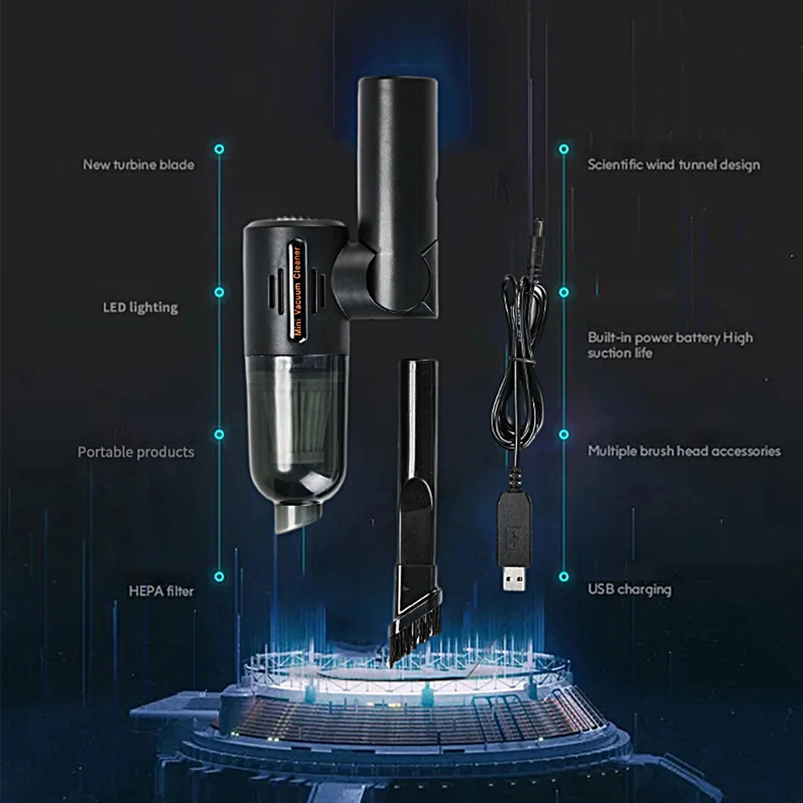 Aspirator portabil pliabil, negru, 31x9.5x10.5cm, fara fir, cu LED si incarcare USB