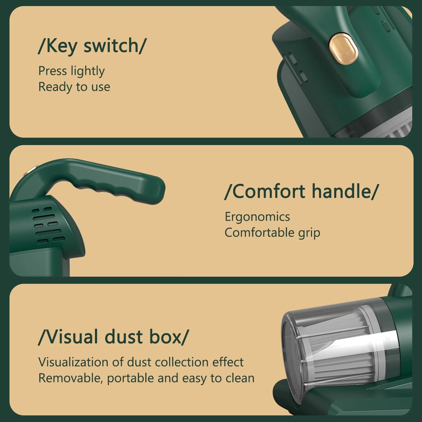 Aspirator pentru pat, 24.5x20x13.7cm, cu filtru lavabil, verde/gri