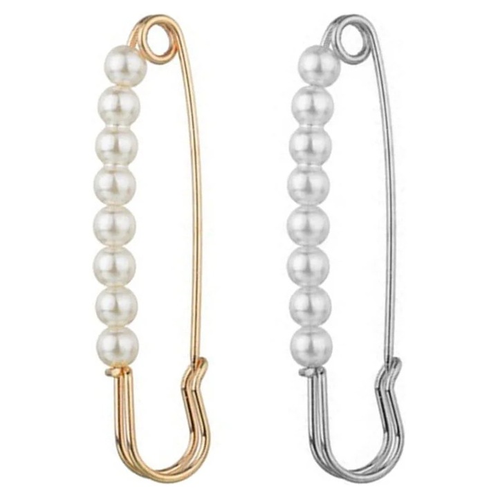 Brosa din aliaj cu perle artificiale, set 2 bucati, auriu si argintiu, 7.3x2x1cm