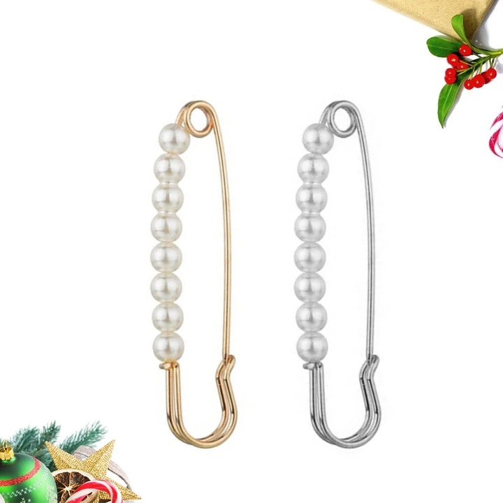 Brosa din aliaj cu perle artificiale, set 2 bucati, auriu si argintiu, 7.3x2x1cm