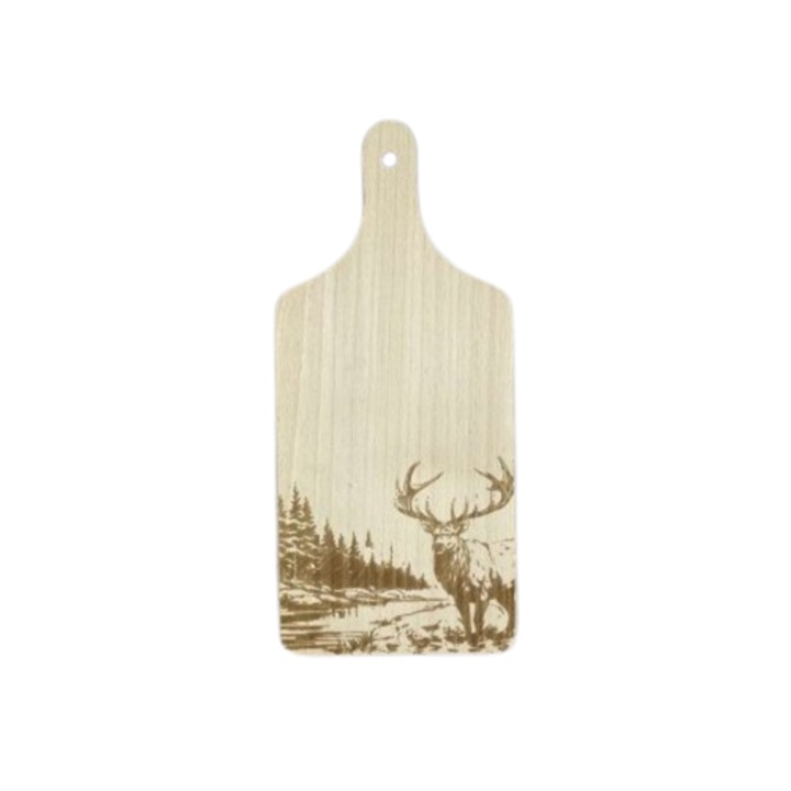 Fa konyhai vágódeszka 30 x 14 cm-es szarvas gravírozott képpel