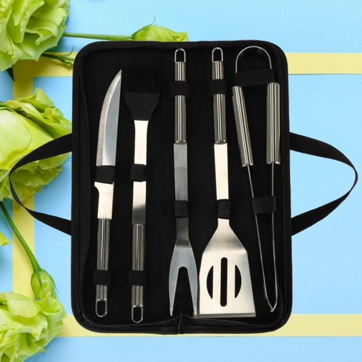 Set ustensile pentru gratar 6 in 1, otel inoxidabil, geanta cu fermoar si maner inclusa