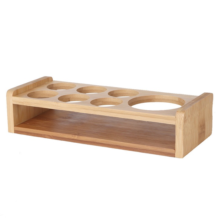 Többfunkciós bambusz tálca, pálinkás pohártartó, elegáns design, stabil talp, 6 fehérboros pohár