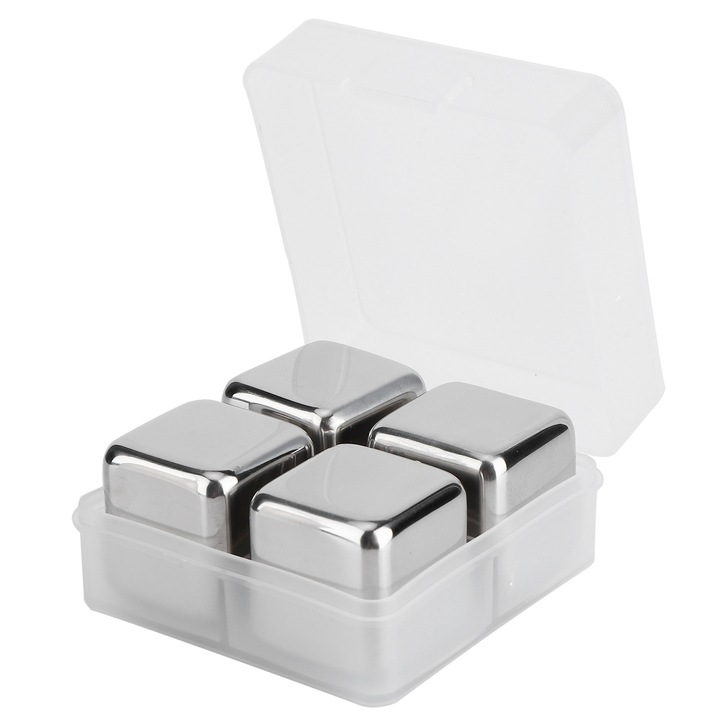 Újrafelhasználható jégkockák 304-es rozsdamentes acélból, 4 darabos készlet, ezüst színű, italokhoz