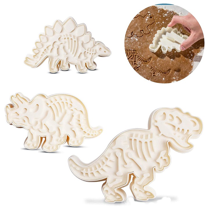 Set 3 forme prajituri dinozauri, Enforose, Stegosaurus, Tyrannosaurus, Triceratops, alb, 13x8cm, 14x7cm