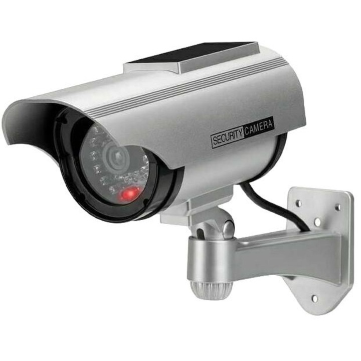 Camera falsă de supraveghere Enforose cu energie solară, LED intermitent, Argintiu