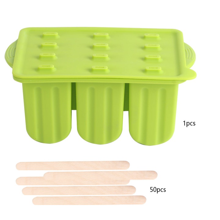 Forma de inghetata din silicon, Enforose, 12 compartimente, verde, 22x13x9.5cm, set cu 50 bete