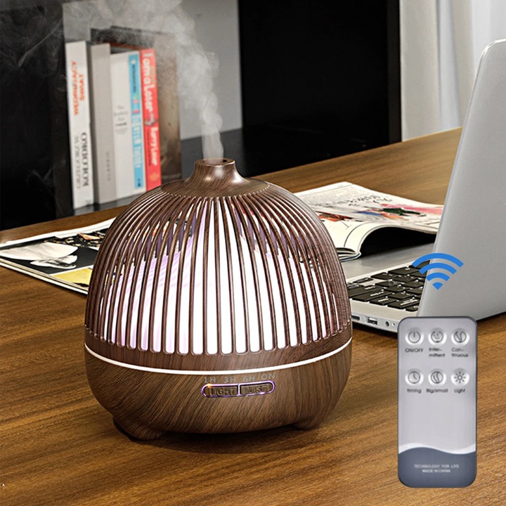 Difuzor aromaterapie ZYBLSSBB 500ml, umidificator, telecomanda, lumina 7 culori, timer, maro, 16.8x14.8cm