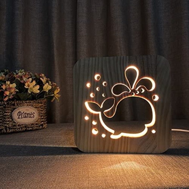 Lampa de veghe LED din lemn ZYBLSSBB LSM2xh5847-BCS0331864, USB 5V 2.5W, lumina calda, comutator buton, aspect lemn