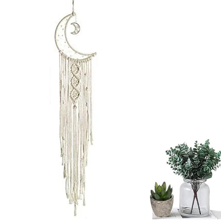 Agatatura de perete macrame ZYBLSSBB LSM5875-BCS0332010, semiluna cu franjuri din bumbac, crem, 96 x 20 cm