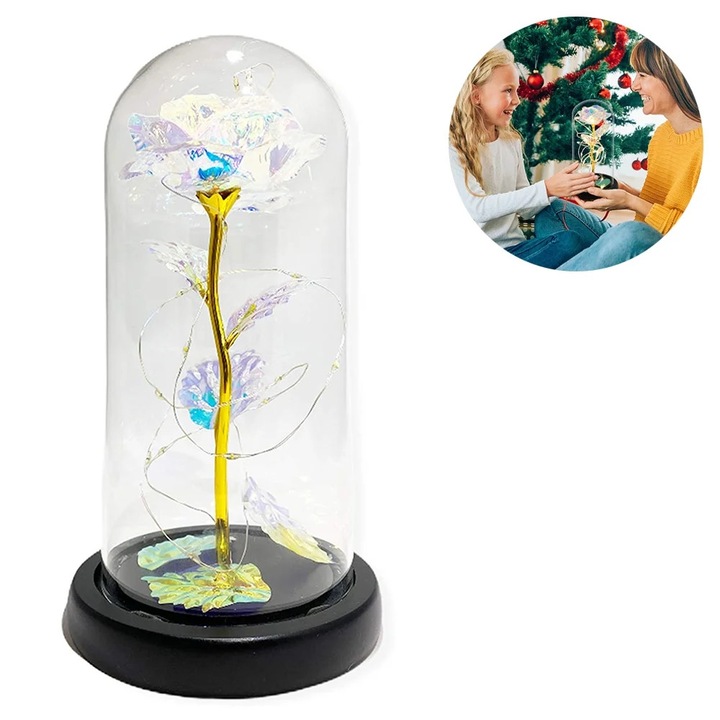 Lampa cu trandafir in cupola ZYBLSSBB LSM2xh6156-BCS0333478, trandafir foil multicolor cu 20 LED-uri si margele aurii, baza lemn, alimentare 3 x AAA, cupola sticla borosilicata, negru, 11 x 9 x 22 cm