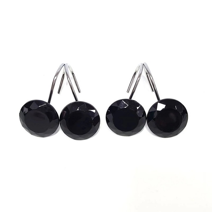 Carlige pentru perdea de dus ZYBLSSBB LSM2xh6195-BCS0333606-3, cu cristale acrilice, compatibile cu bara 8-30 mm, negru, set 12 buc