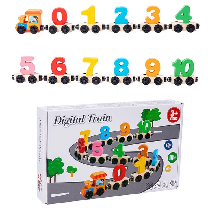 Trenulet din lemn cu prindere magnetica cu cifre Digital Train, joc educativ Montessori