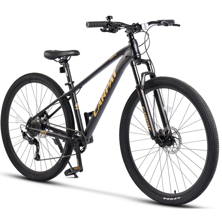 Bicicleta MTB cu Roti de 29", Echipare Shimano, 9 Viteze, Maneta Secventiala Shimano Alivio, negru/galben, Mountain Bike Carpat DURO 2.9 Genius cu Frane Hidraulice Disc Radius, Cadru Aluminiu cu cabluri integrate