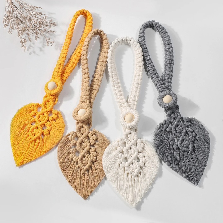 Snur de prindere pentru draperii ZYBLSSBB LSM2xh6990-BCS0340276-2, macrame cu ornament in forma de frunza si ciucure, ceramica, multicolor, 10 x 32 cm