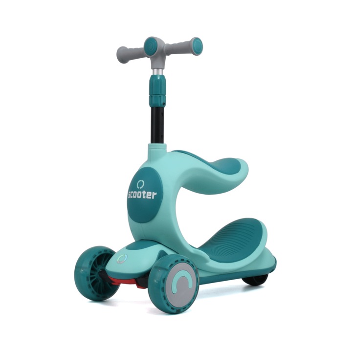 Trotineta copii, multifunctionala, trotineta simpla sau cu ajutor, ghidon reglabil pe inaltime, sezut rabatabil, roti cu leduri, Verde
