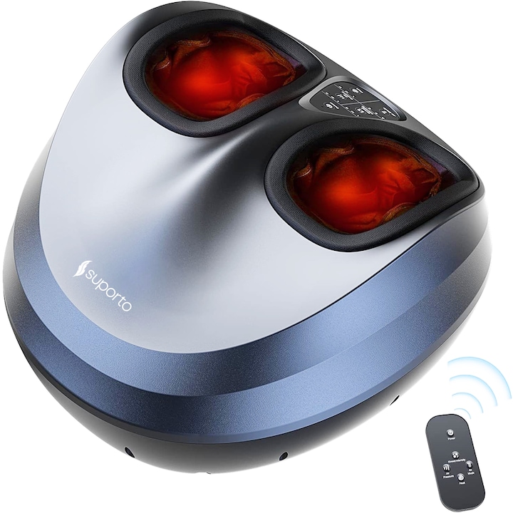 Масажор за крака Suporto с отопление, компресия и дистанционно управление, За отпускане на краката и стъпалата, Ползи от рефлексологията, Подобрена циркулация, Ролки за масаж на краката и акупресура, 3 режима на масаж, Сиво с Черно