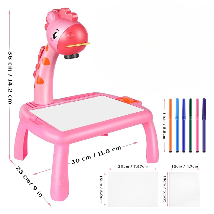 Masuta de colorat pentru copii, GHEMOTOC®, jucarie cu proiectie, muzica si culori, girafa roz