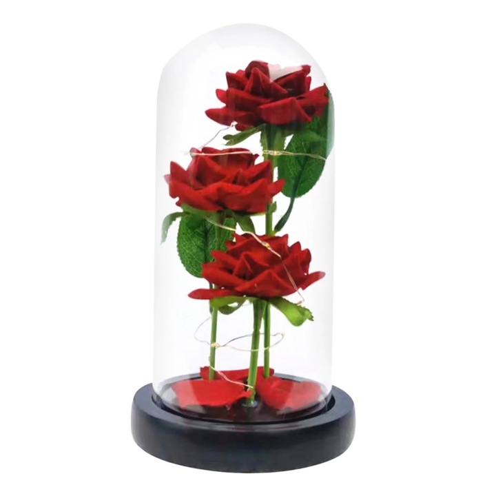 Veioza LED ZYBLSSBB 3 trandafiri artificiali sticla negru 11.5x9x21cm