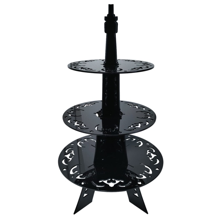 Fekete Eiffel-torony tortatartó, 3 szintes, kivehető, Promóciós Nyomtatás, TECBN