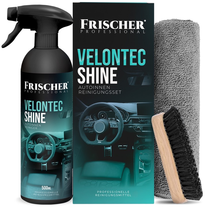 Kit curatare pentru interioare auto Frischer - solutie 500 ml, perie si carpa microfibra pentru plastic, tapiterie, piele