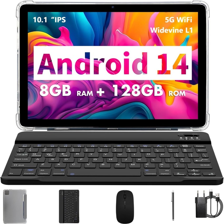 Tableta 2-in-1, de 10.1 inch, 8GB RAM (4+4GB Extensibil), 128GB ROM, Android 14, WiFi 5G & 2.4G, Baterie 8000mAh, Procesor Octa-Core Allwinner A523, Camera 8MP+2MP, Ecran IPS HD 1280x800, Suport Extindere Stocare 1TB, Bluetooth 5.2, Tastatura + Mouse+ Pix