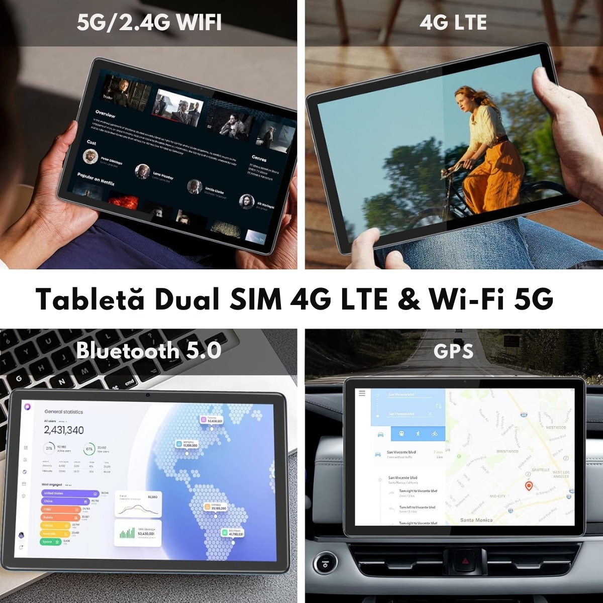 Tableta Android 15 VisionHub® 10.1 inch - 12GB RAM (6+6GB Extensibil), 128GB ROM, Octa-Core T606, 4G LTE + WiFi 5G, Camera Duala 8MP + 5MP, Baterie 8000mAh, Ecran IPS HD 1280x800, Bluetooth 5.0, GPS, USB-C