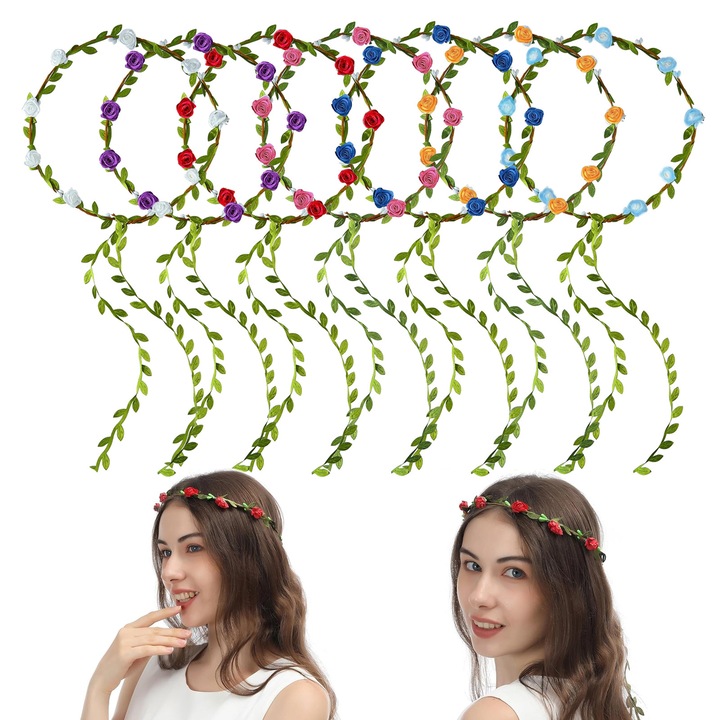 Set 7 bucati Coroana de flori pentru par, Axroad Mall, Coronita flori artificiale accesorii par, Design elegant, Materiale excelente lucrate manual, Manopera rafinata, Pentru festival, nunta, petreceri, Diametru 17cm, Textil, Multicolor