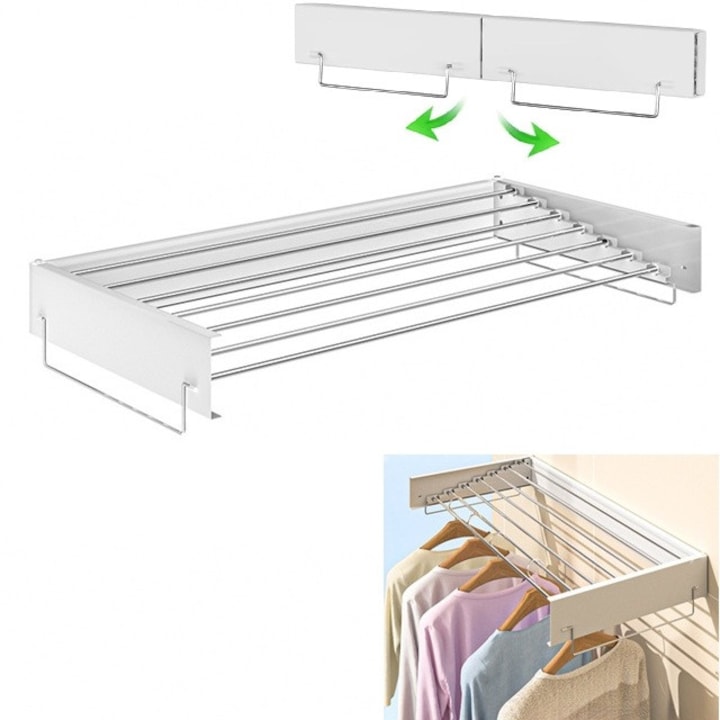 Uscator de rufe pliabil, Montare Perete, retractabil, usor de instalat, design compact si ergonomic, capacitate uscare 8.5m, 7 bare si 2 agatatori laterale, pentru interior sau exterior, 120x60cm, metal vopsit in camp electrostatic, alb, SIPEDO