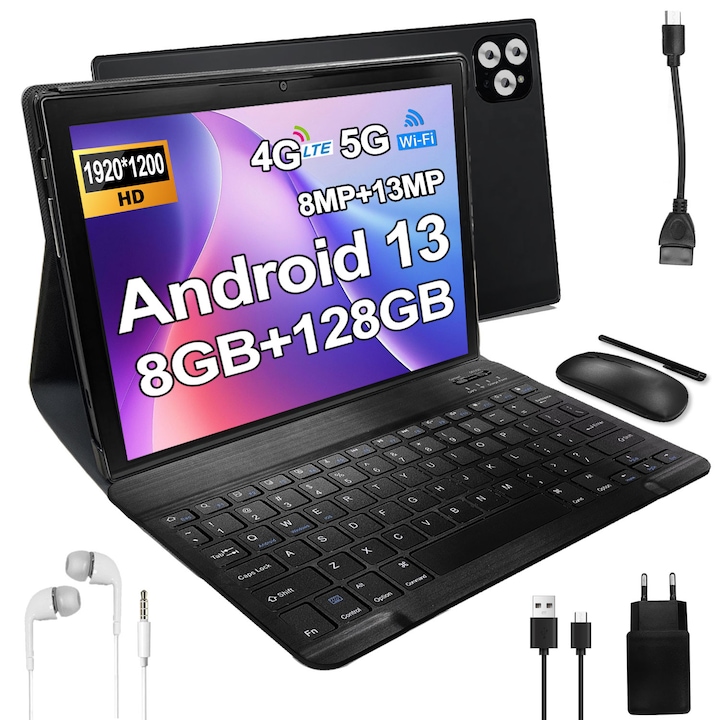 Tableta 10.1" MIVISO, Octa-Core, 8GB RAM, 128GB ROM, Android 13, 4G LTE/5G WIFI, 1920*1200, 8000mAh, 13MP+8MP, Negru, 1920 x 1200 Cu SIM 10.1 inch 128 GB