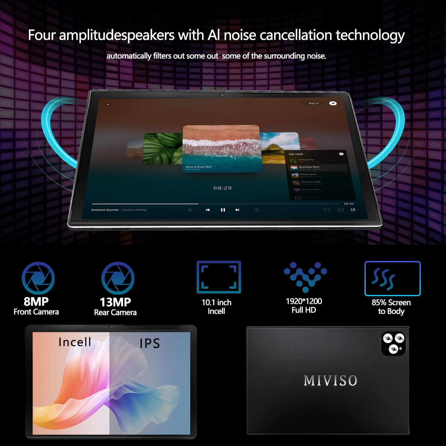 Tableta 10.1" MIVISO, Octa-Core, 8GB RAM, 128GB ROM, Android 13, 4G LTE/5G WIFI, 1920*1200, 8000mAh, 13MP+8MP, Negru, 1920 x 1200 Cu SIM 10.1 inch 128 GB