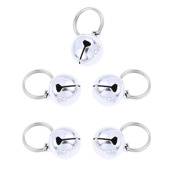 Clopotei metalici pentru caini, set 5 buc, argintiu, 1.8cm