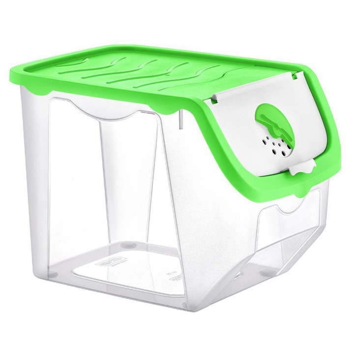 Cutie alimentara Orion, 12L, transparenta cu capac verde, 30x23,5x23,5cm, pentru legume si fructe