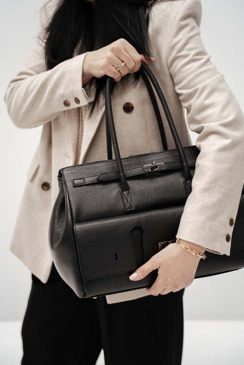 Чанта от естествена кожа Моранти, черна, 3 джоба, големи размери