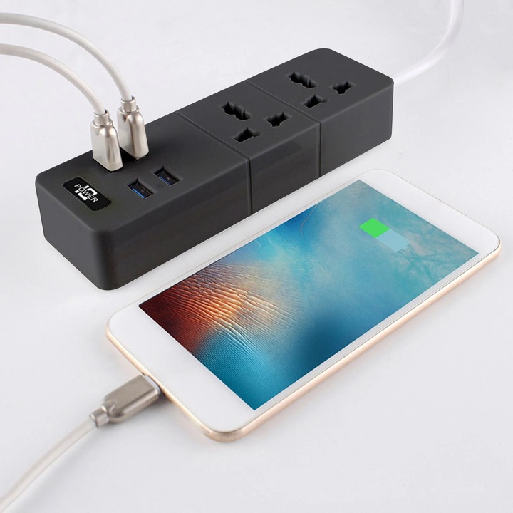 YANYXR hosszabbító 2 aljzat 4 USB fekete 17.4x5.3x3.3cm