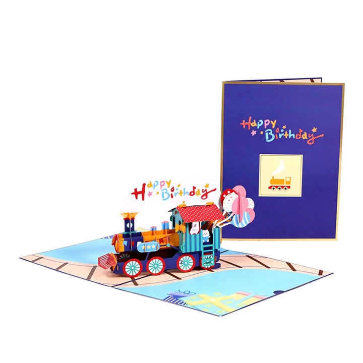 3D pop-up üdvözlőlap YANYXR BCS2909798, Happy Birthday vonattal, papír, kék, 1 szett