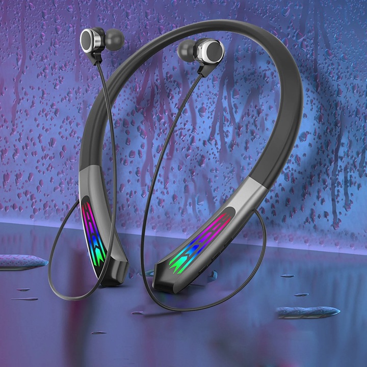 YANYXR Bluetooth nyakpántos fejhallgató, RGB, fekete, 14.2x9.8cm