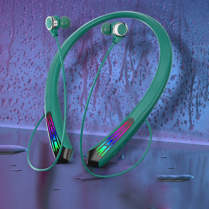 Sport Bluetooth fejhallgató, RGB, zöld, 14.2x9.8cm, 2000mAh