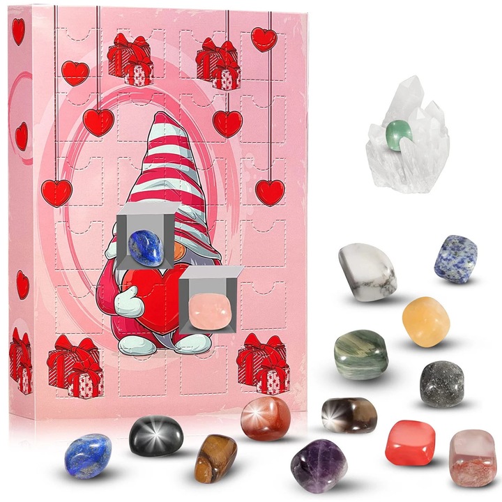 Calendar de Advent YANYXR cu pietre semipretioase lustruite, set educational geologie 24 surprize, roz
