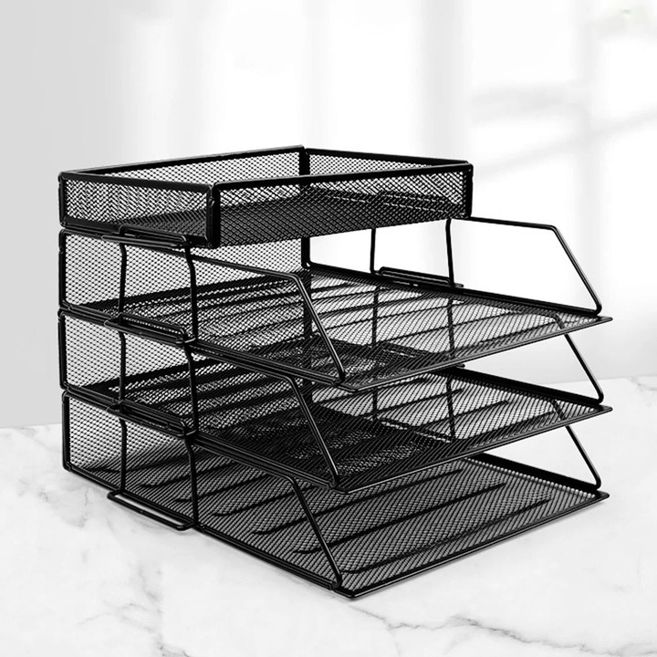 Suport documente metalic, 3 straturi, capacitate mare, negru, 25x33.5x22.5cm