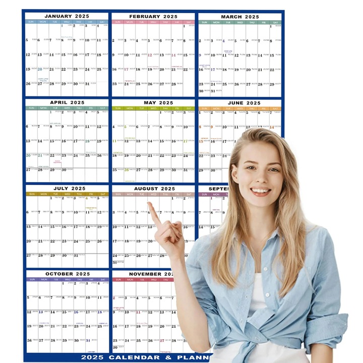 Calendar de perete sters 2025, dublu fata, adeziv, pliabil, 58x89cm