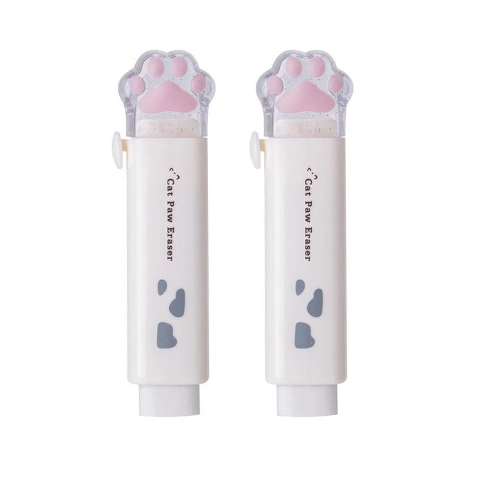 Radiera ZYBLSSBB Cat Paw LSM2xh2056-BCS0365440-2, glisanta, plastic si carbonat de calciu, alb/roz, set 2 buc., 9,5 cm