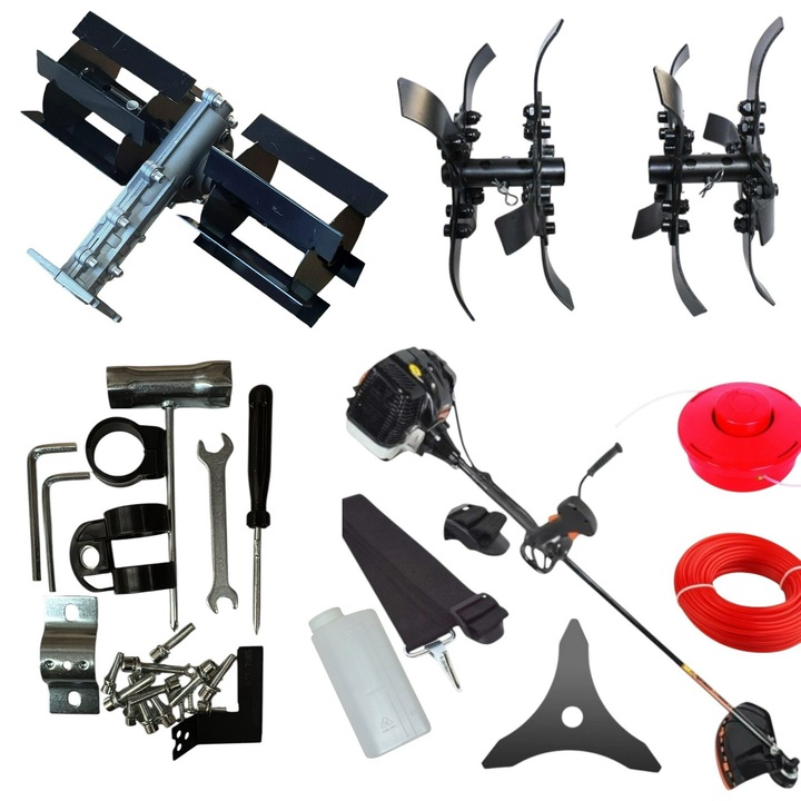 Set Motocositoare benzina, Culivator si Prasitoare, Bestia Neagra, putere 8.5 MAX CP, 52 CC, motor 2 timpi, diametru taiere 25.4 cm, contine: ham simplu + mosor + disc 3 Taisuri Japan