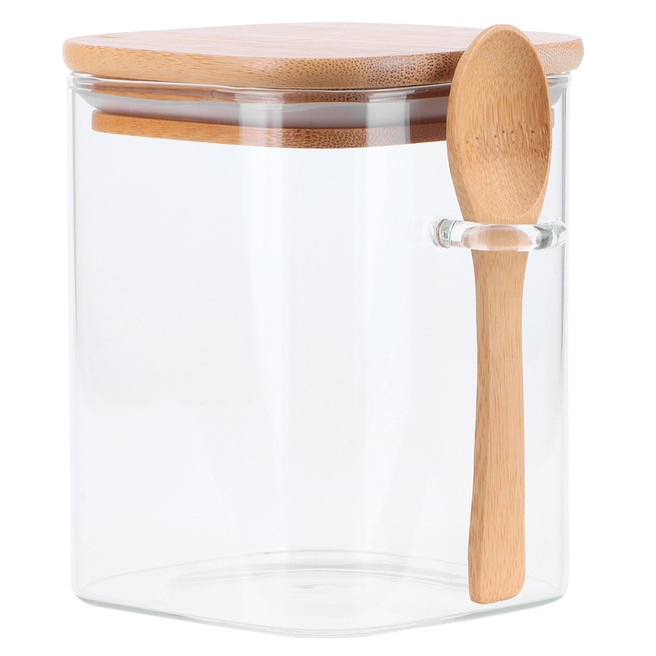 Borcan de depozitare patrat cu lingura, Enforose, 800 ml