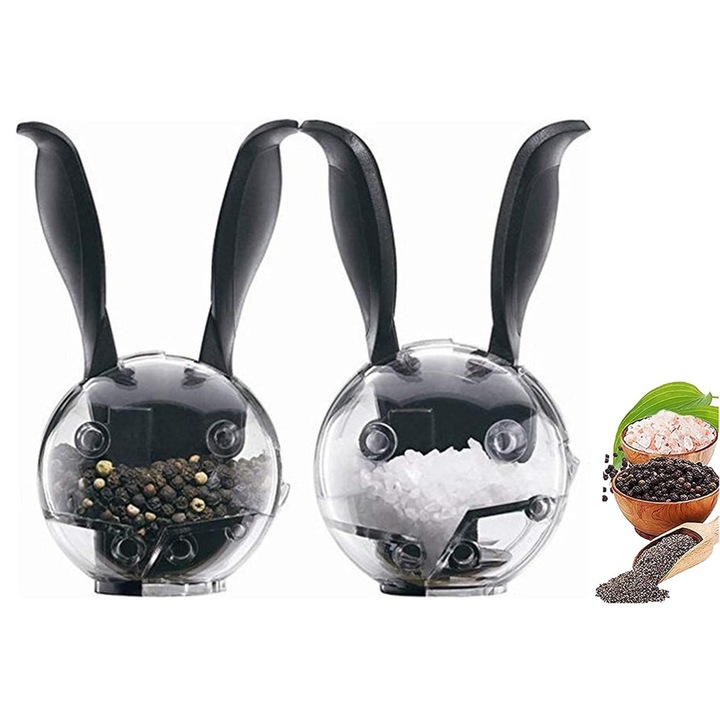 Ръчна мелничка за пипер, Enforose, кръгъл дизайн с заешки уши, комплект 2 броя, черна