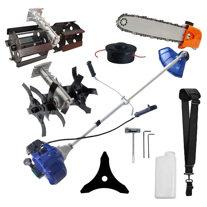 SET Motocoasa Blue-Marin/Albastra - Model cu Disc Stea si Tija D28mm Dur-Al pentru Gospodari si Fermieri, +Cultivator-S, + Prasitoare, + Cap Drujba