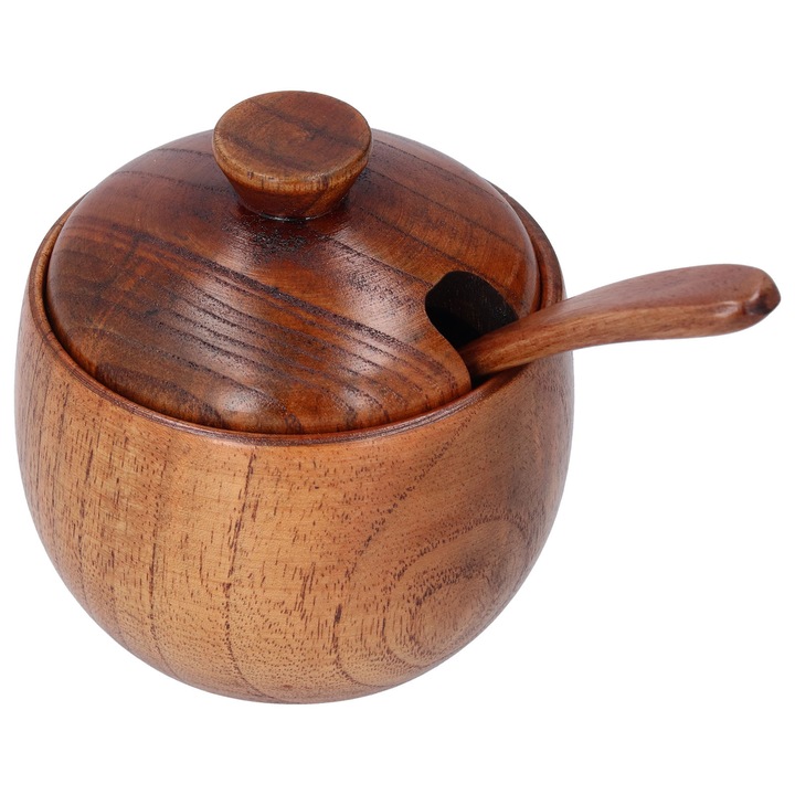 Borcan de condimente din lemn cu capac si lingura, Enforose, design minimalist, 8.5x9cm