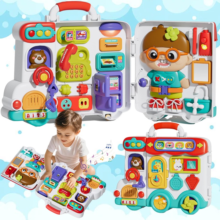 Panou cu Activitati, Puepoul, Tabla Busy Board Muzicala 54-in-1 Jucarie Montessori pentru copii mici 1-3 ani, Jucarie Muzicala, Lampa LED, Culori si Forme, Elemente Mobile, Distractiv si Educativ