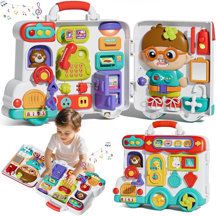 Puepoul, Монтесори играчка за малки деца 1-3 години, 54 в 1, музикална играчка, LED лампа, цветове и форми, движещи се елементи, забавна и образователна, многоцветна